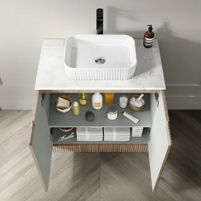 Crete Fluted Apex Oak Vanity with Marble Top & Reno Basin 800mm