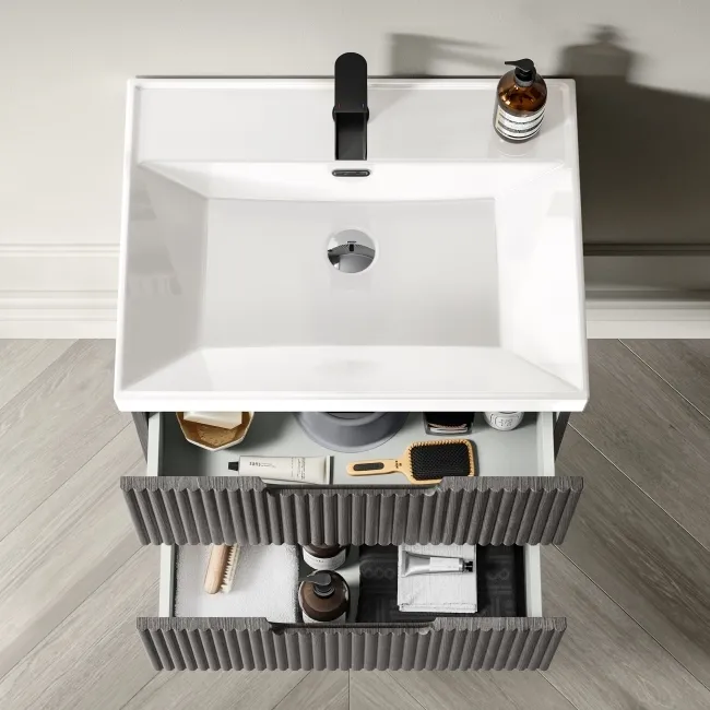Crete Fluted Charcoal Elm Wall Hung Basin Drawer Vanity 600mm