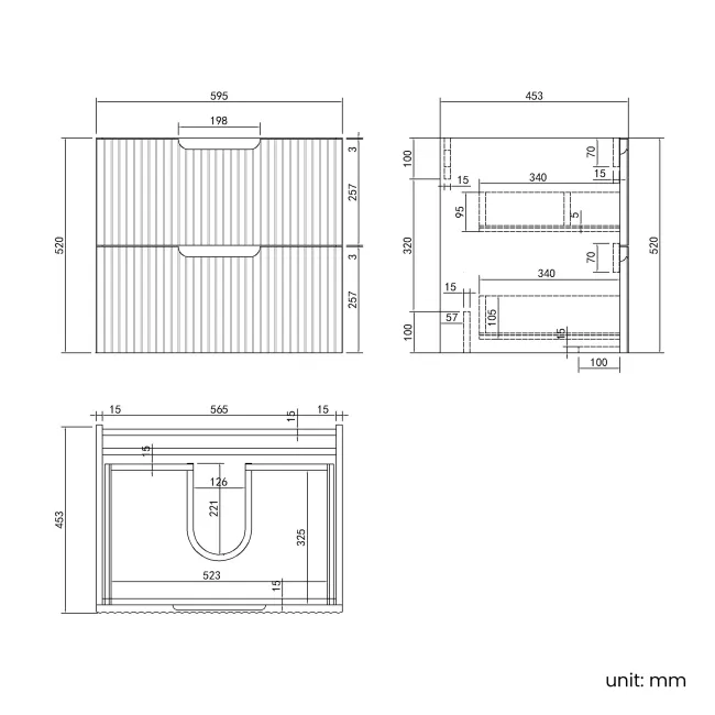 Crete Fluted Charcoal Elm Wall Hung Drawer Vanity with Marble Top 600mm - Excludes Counter Top Basin