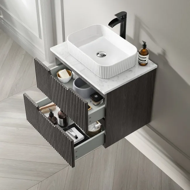 Crete Fluted Charcoal Elm Wall Hung Drawer Vanity with Marble Top & Reno Basin 600mm