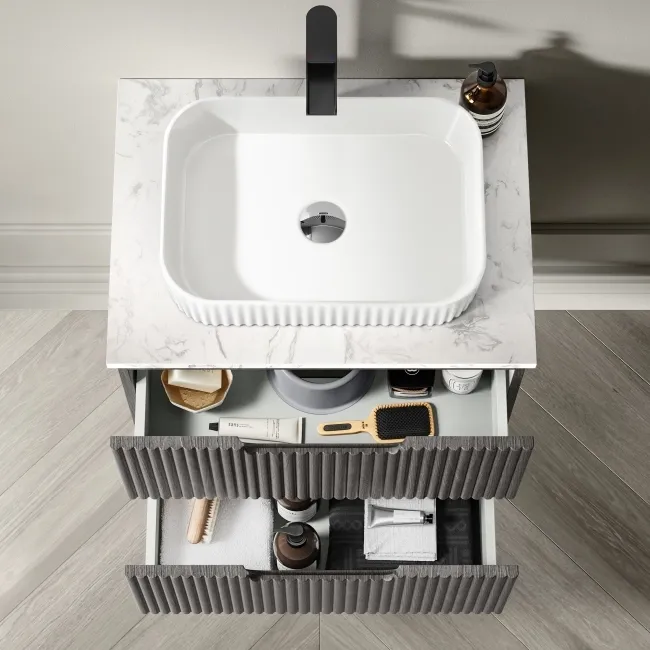 Crete Fluted Charcoal Elm Wall Hung Drawer Vanity with Marble Top & Reno Basin 600mm