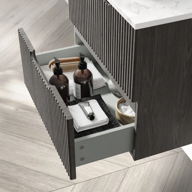 Crete Fluted Charcoal Elm Wall Hung Drawer Vanity with Marble Top & Reno Basin 600mm