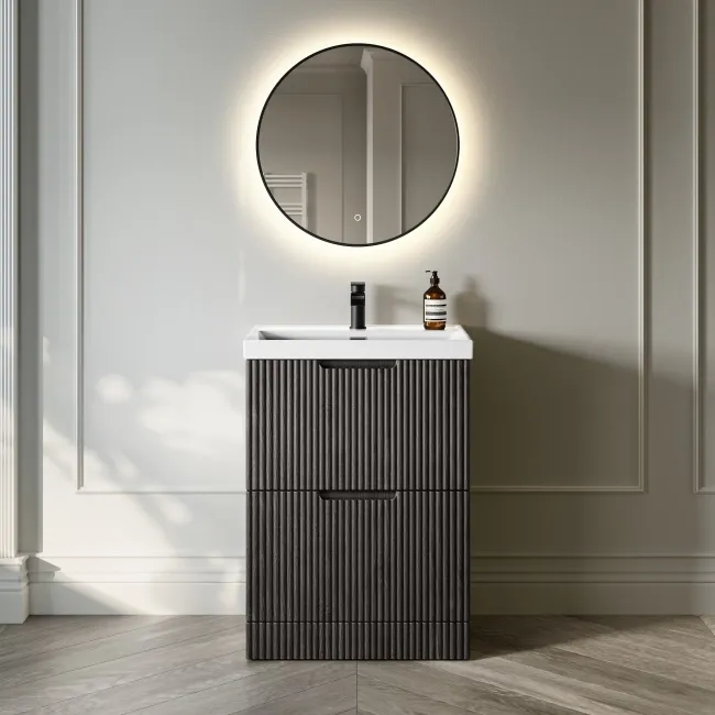 Crete Fluted Charcoal Elm Basin Vanity Drawer 600mm
