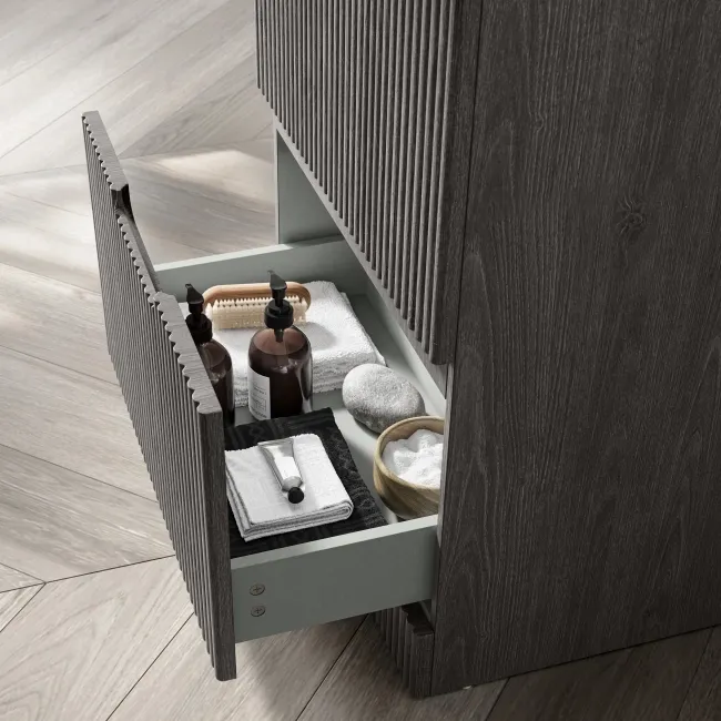 Crete Fluted Charcoal Elm Vanity Drawer with Marble Top & Reno Basin 600mm