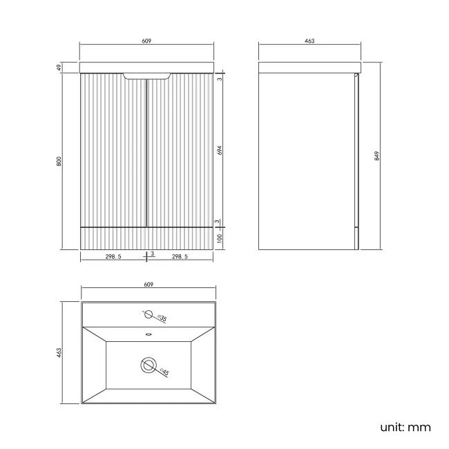 Crete Fluted Charcoal Elm Basin Vanity 600mm