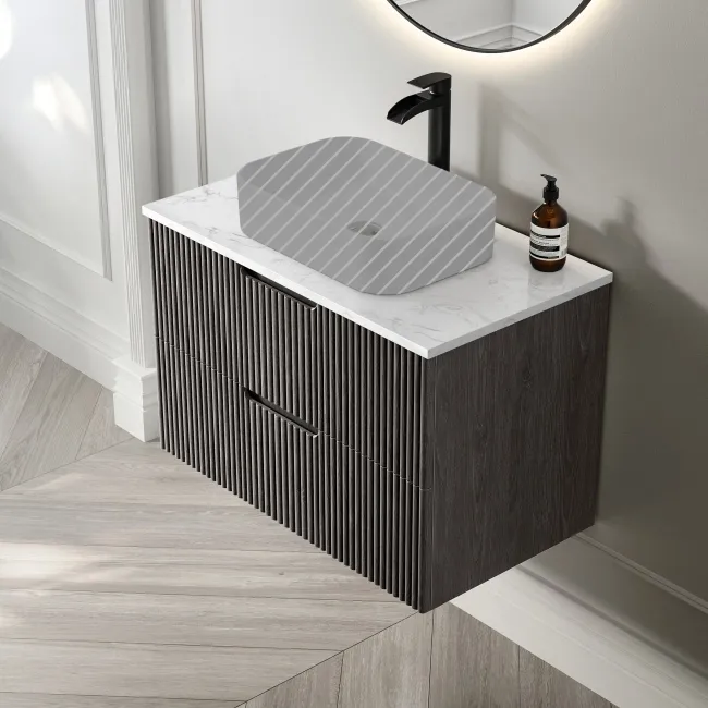 Crete Fluted Charcoal Elm Wall Hung Drawer Vanity with Marble Top 800mm - Excludes Counter Top Basin