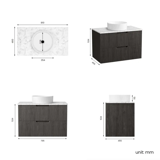 Crete Fluted Charcoal Elm Wall Hung Drawer Vanity with Marble Top & Nevis Basin 800mm