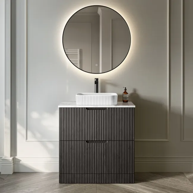 Crete Fluted Charcoal Elm Vanity Drawer with Marble Top & Reno Basin 800mm