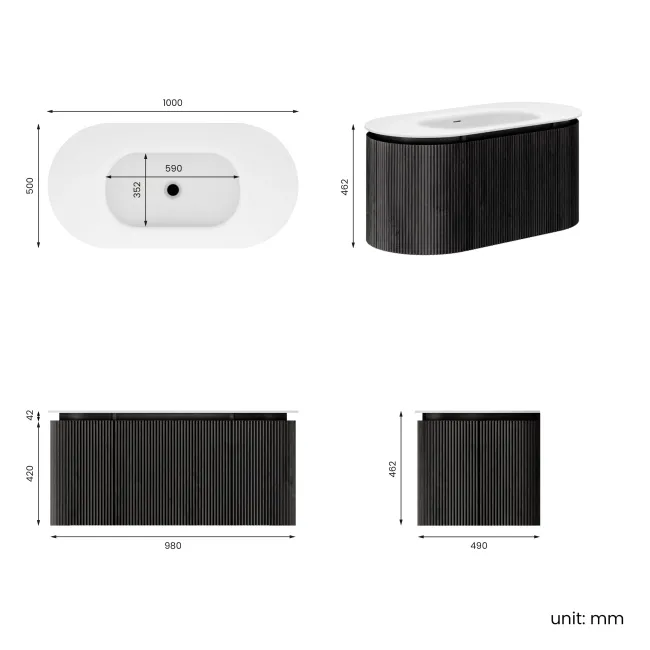 Positano Black Oak Curved Wall Hung Basin Drawer Vanity 1000mm