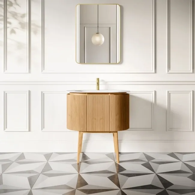 Positano Natural Oak Curved Vanity Unit & Matt White Stone Basin 800mm