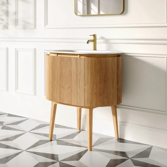 Positano Natural Oak Curved Vanity Unit & Matt White Stone Basin 800mm