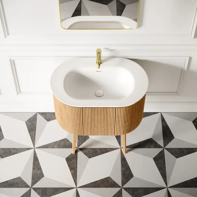 Positano Natural Oak Curved Vanity Unit & Matt White Stone Basin 800mm
