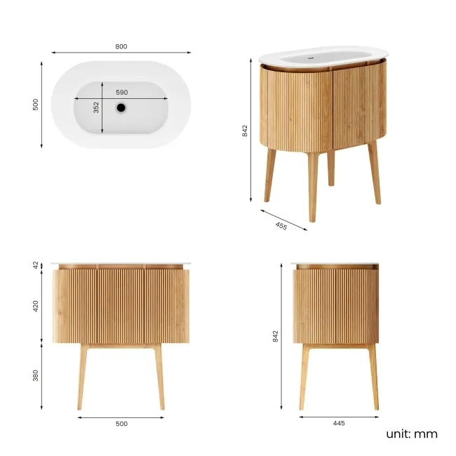 Positano Natural Oak Curved Vanity Unit & Matt White Stone Basin 800mm
