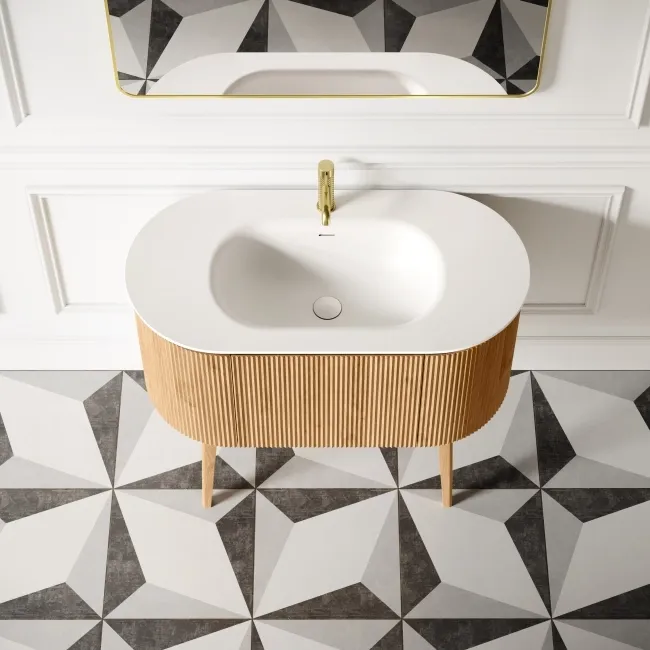 Positano Natural Oak Curved Vanity Unit & Matt White Stone Basin 1000mm