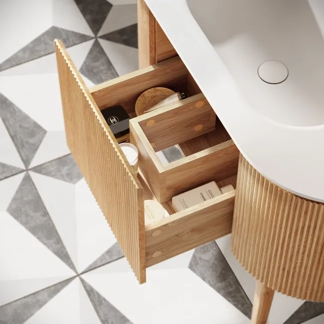 Positano Natural Oak Curved Vanity Unit & Matt White Stone Basin 1000mm