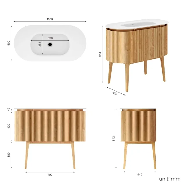 Positano Natural Oak Curved Vanity Unit & Matt White Stone Basin 1000mm