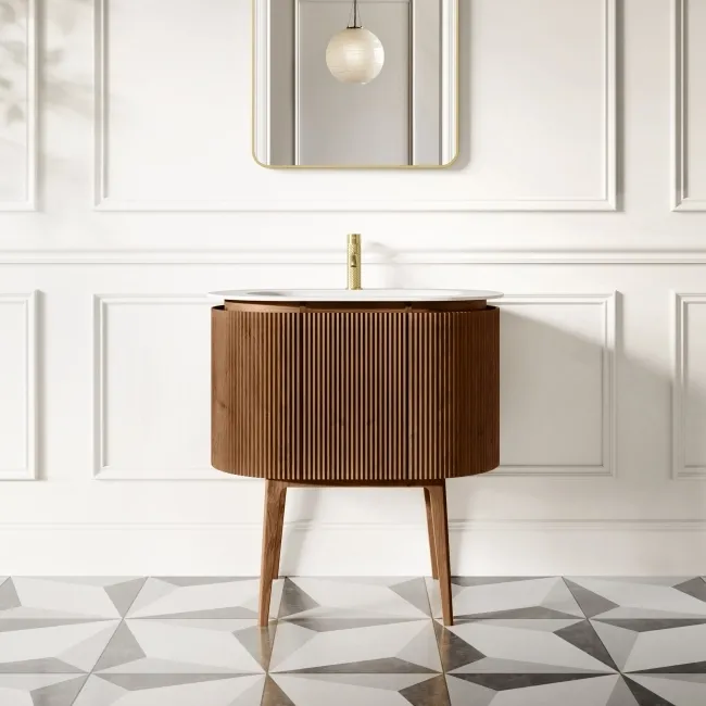 Positano Natural Walnut Curved Vanity Unit & Matt White Stone Basin 800mm