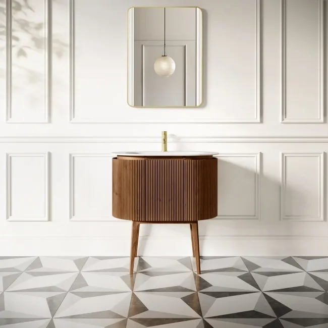 Positano Natural Walnut Curved Vanity Unit & Matt White Stone Basin 800mm