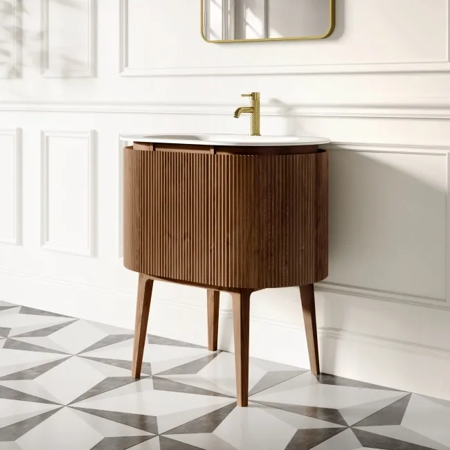 Positano Natural Walnut Curved Vanity Unit & Matt White Stone Basin 800mm