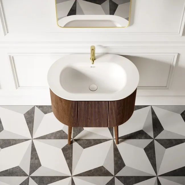 Positano Natural Walnut Curved Vanity Unit & Matt White Stone Basin 800mm