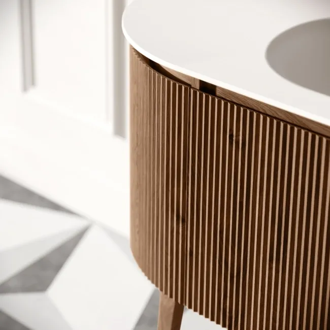 Positano Natural Walnut Curved Vanity Unit & Matt White Stone Basin 800mm
