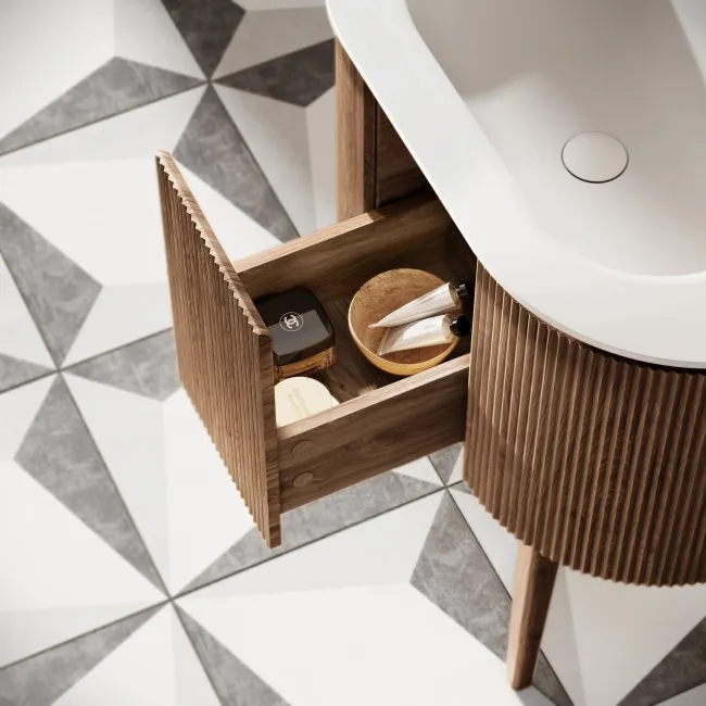 Positano Natural Walnut Curved Vanity Unit & Matt White Stone Basin 800mm