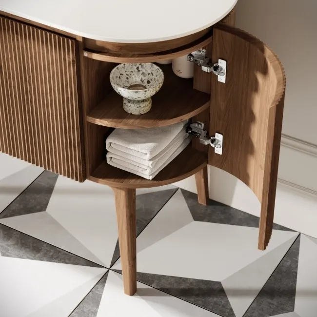 Positano Natural Walnut Curved Vanity Unit & Matt White Stone Basin 800mm