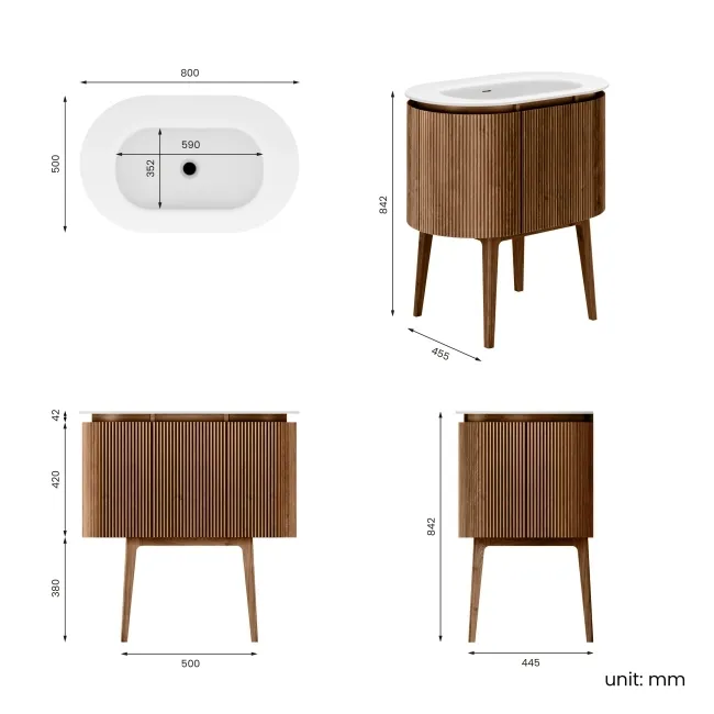 Positano Natural Walnut Curved Vanity Unit & Matt White Stone Basin 800mm
