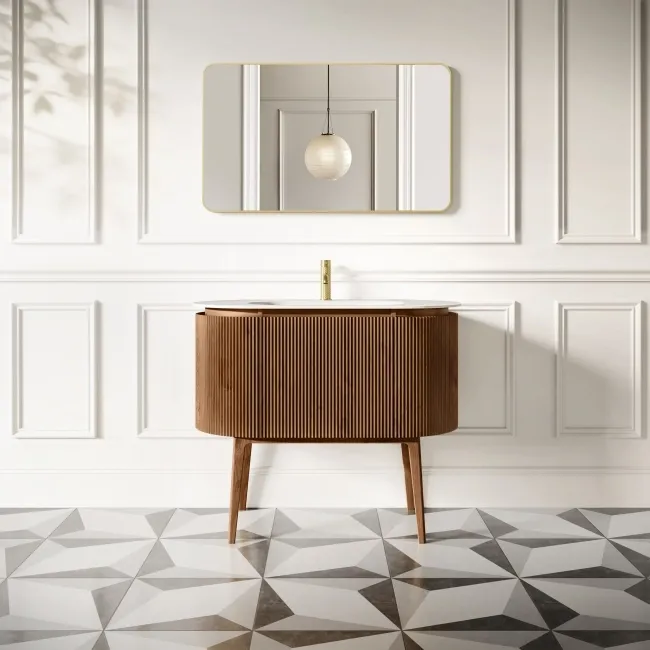 Positano Natural Walnut Curved Vanity Unit & Matt White Stone Basin 1000mm