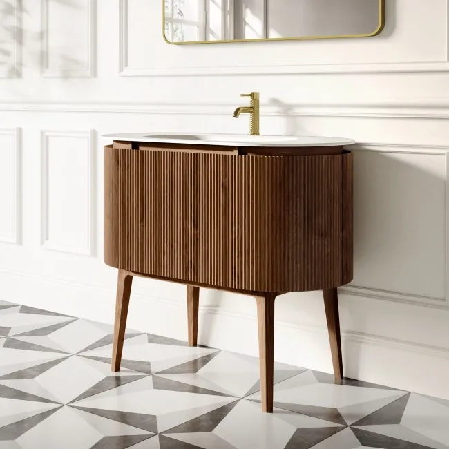 Positano Natural Walnut Curved Vanity Unit & Matt White Stone Basin 1000mm