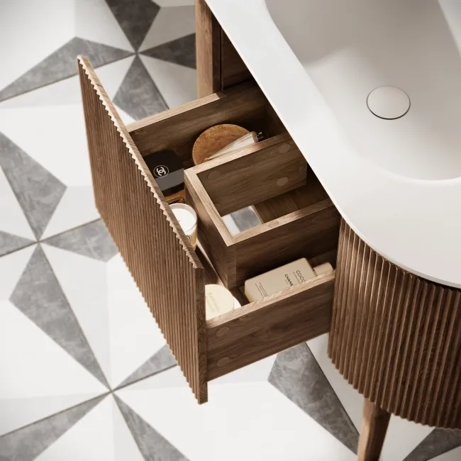 Positano Natural Walnut Curved Vanity Unit & Matt White Stone Basin 1000mm
