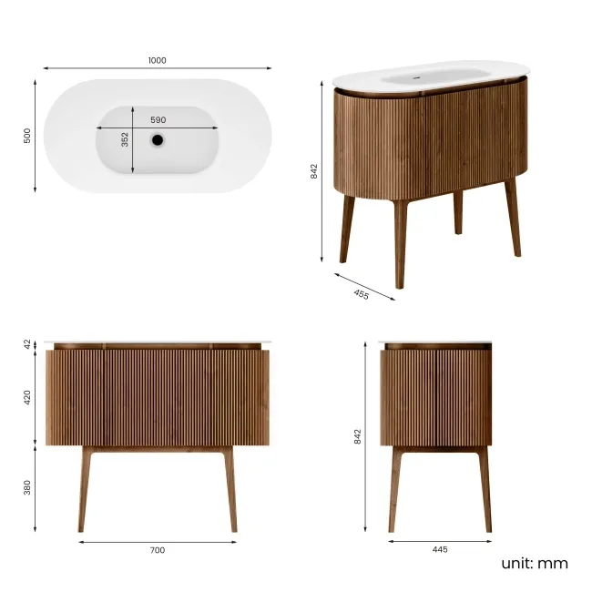 Positano Natural Walnut Curved Vanity Unit & Matt White Stone Basin 1000mm