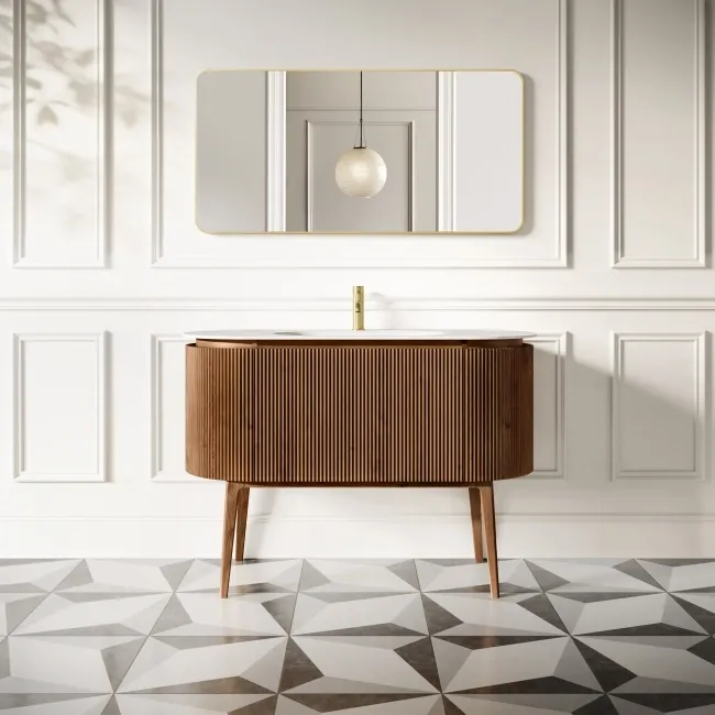Positano Natural Walnut Curved Vanity Unit & Matt White Stone Basin 1200mm