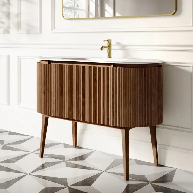 Positano Natural Walnut Curved Vanity Unit & Matt White Stone Basin 1200mm