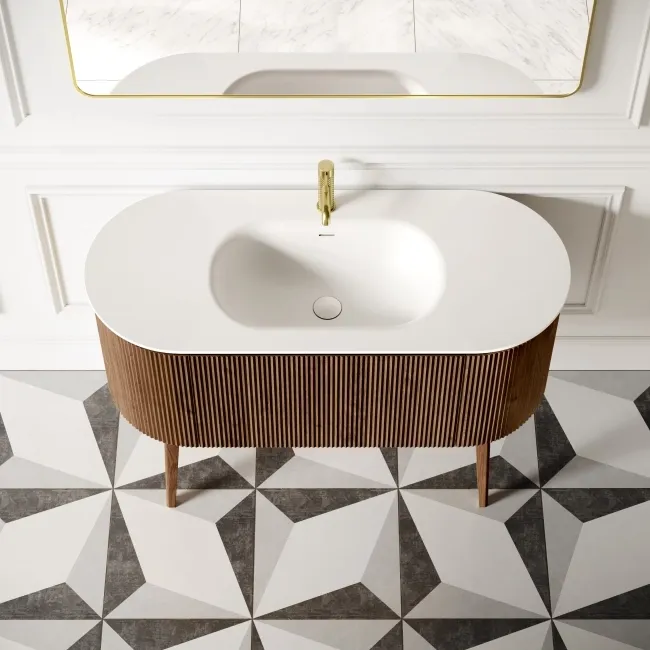 Positano Natural Walnut Curved Vanity Unit & Matt White Stone Basin 1200mm