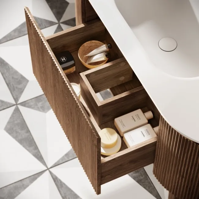 Positano Natural Walnut Curved Vanity Unit & Matt White Stone Basin 1200mm