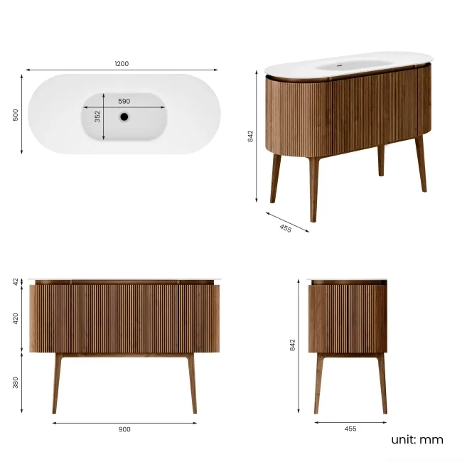 Positano Natural Walnut Curved Vanity Unit & Matt White Stone Basin 1200mm