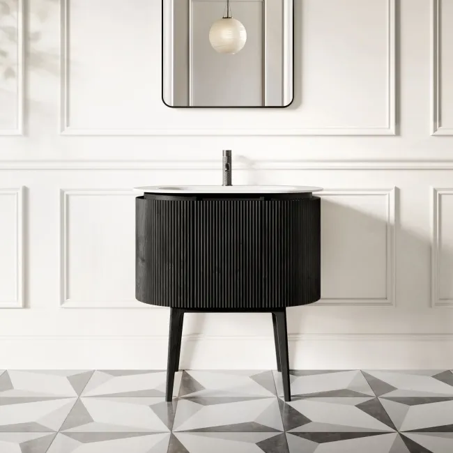 Positano Black Oak Curved Vanity Unit & Matt White Stone Basin 800mm