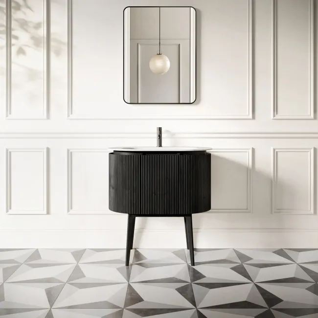 Positano Black Oak Curved Vanity Unit & Matt White Stone Basin 800mm