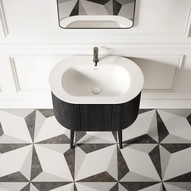 Positano Black Oak Curved Vanity Unit & Matt White Stone Basin 800mm