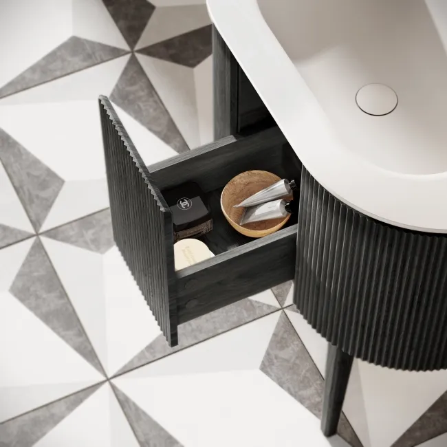 Positano Black Oak Curved Vanity Unit & Matt White Stone Basin 800mm