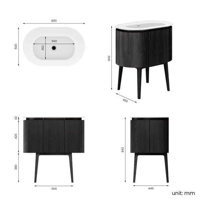 Positano Black Oak Curved Vanity Unit & Matt White Stone Basin 800mm