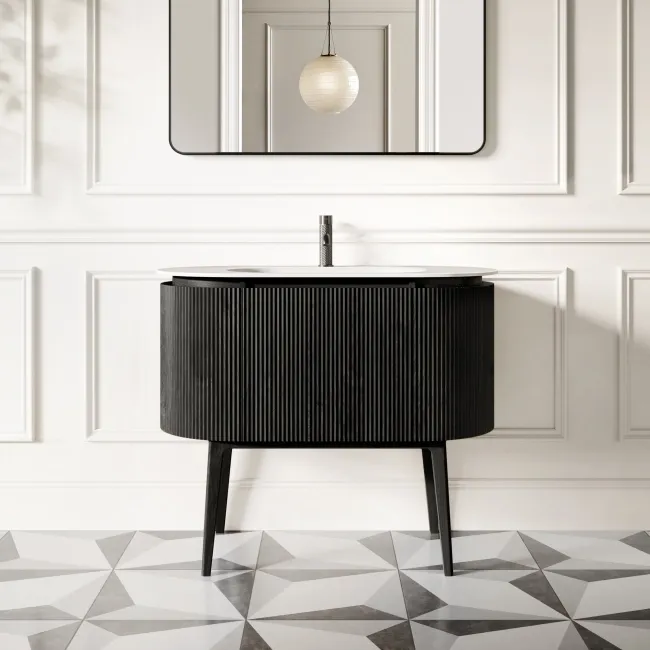 Positano Black Oak Curved Vanity Unit & Matt White Stone Basin 1000mm