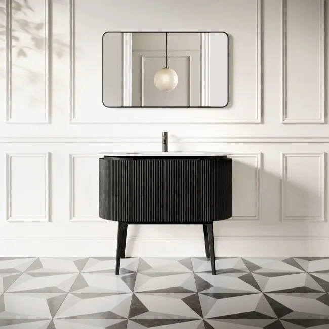 Positano Black Oak Curved Vanity Unit & Matt White Stone Basin 1000mm