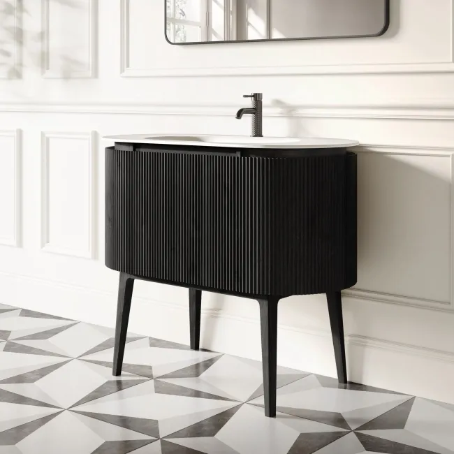 Positano Black Oak Curved Vanity Unit & Matt White Stone Basin 1000mm