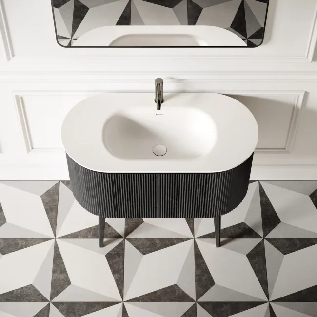 Positano Black Oak Curved Vanity Unit & Matt White Stone Basin 1000mm