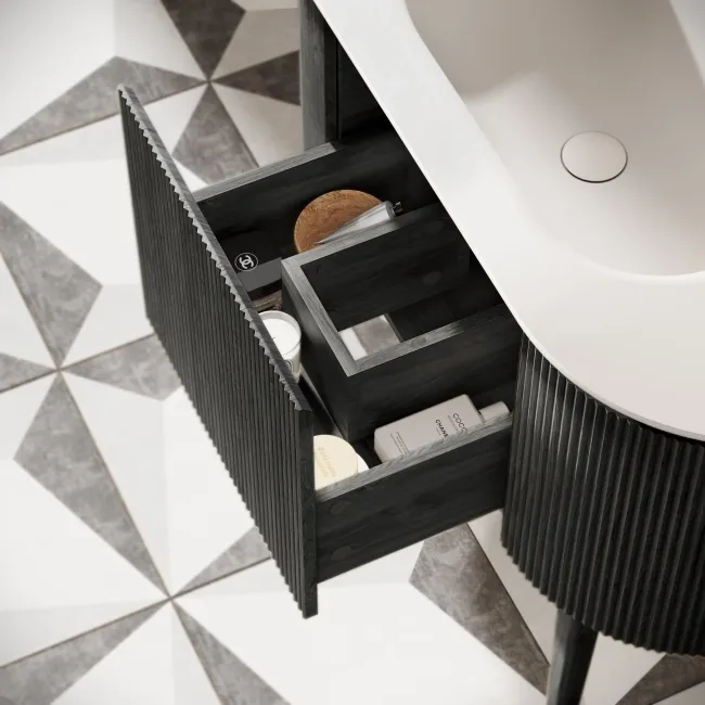 Positano Black Oak Curved Vanity Unit & Matt White Stone Basin 1000mm