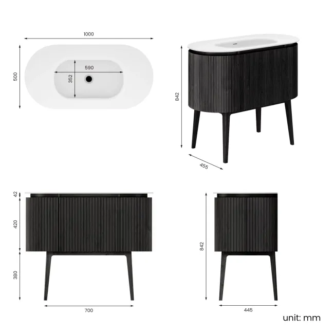 Positano Black Oak Curved Vanity Unit & Matt White Stone Basin 1000mm