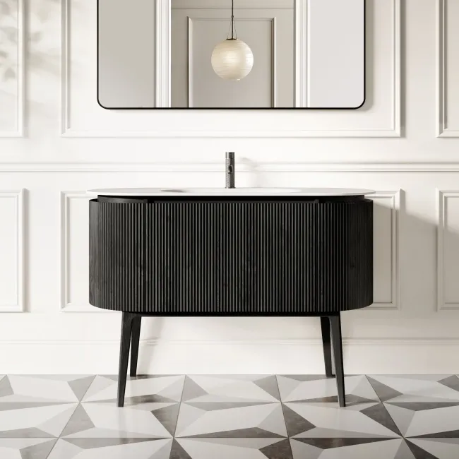 Positano Black Oak Curved Vanity Unit & Matt White Stone Basin 1200mm