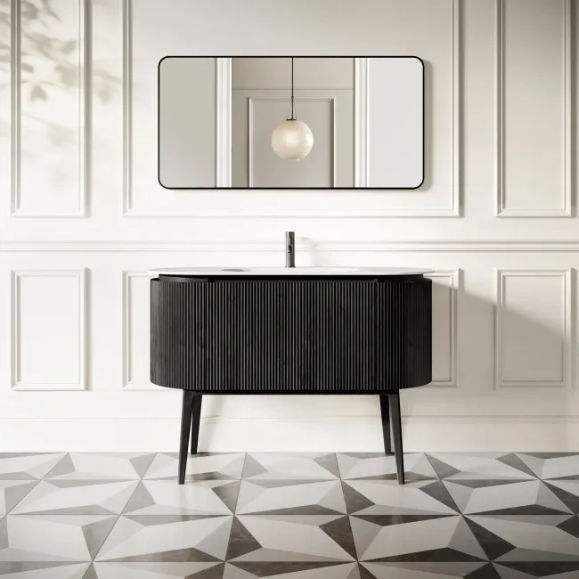 Positano Black Oak Curved Vanity Unit & Matt White Stone Basin 1200mm